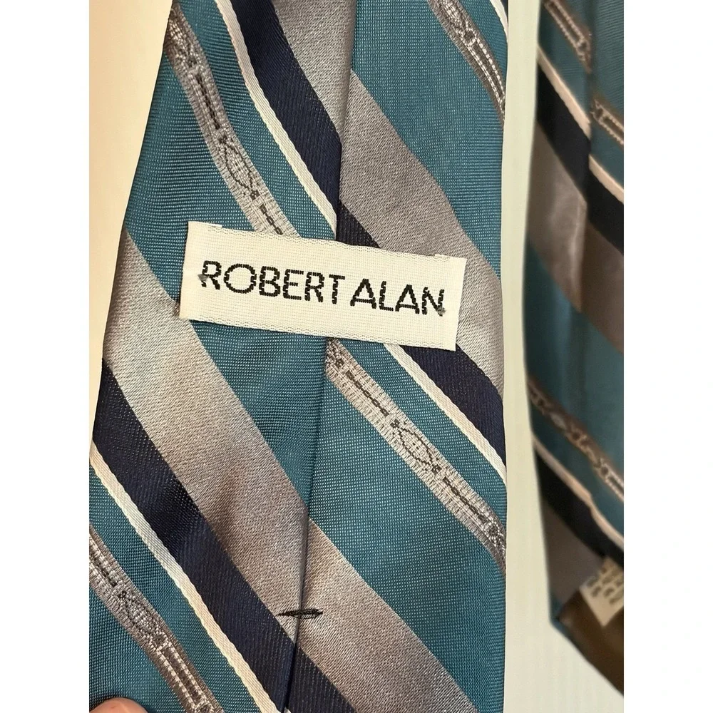 Robert Alan Neck Tie, Turquoise Navy and Gray Stripes, Polyester and Silk Tie